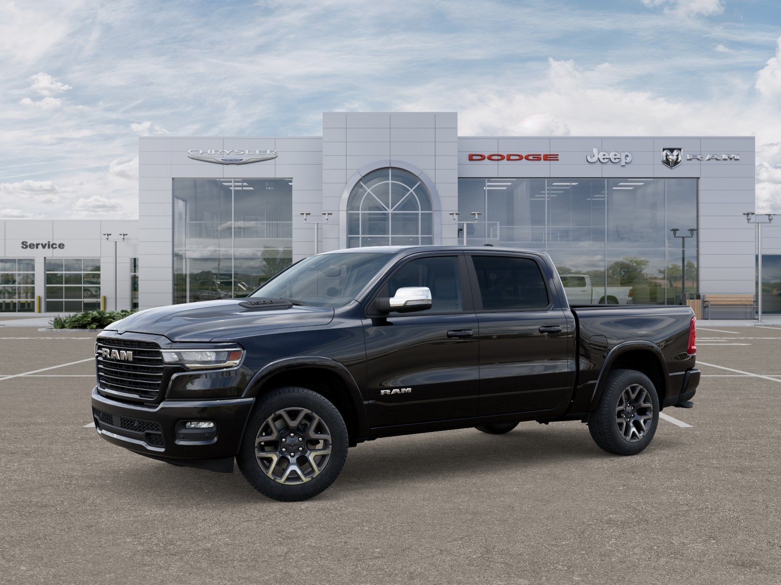 2025 RAM Ram 1500 RAM 1500 LARAMIE CREW CAB 4X4 5'7' BOX in Diamond Black Crystal Pearl-Coat Exterior Paint — front three-quarter view