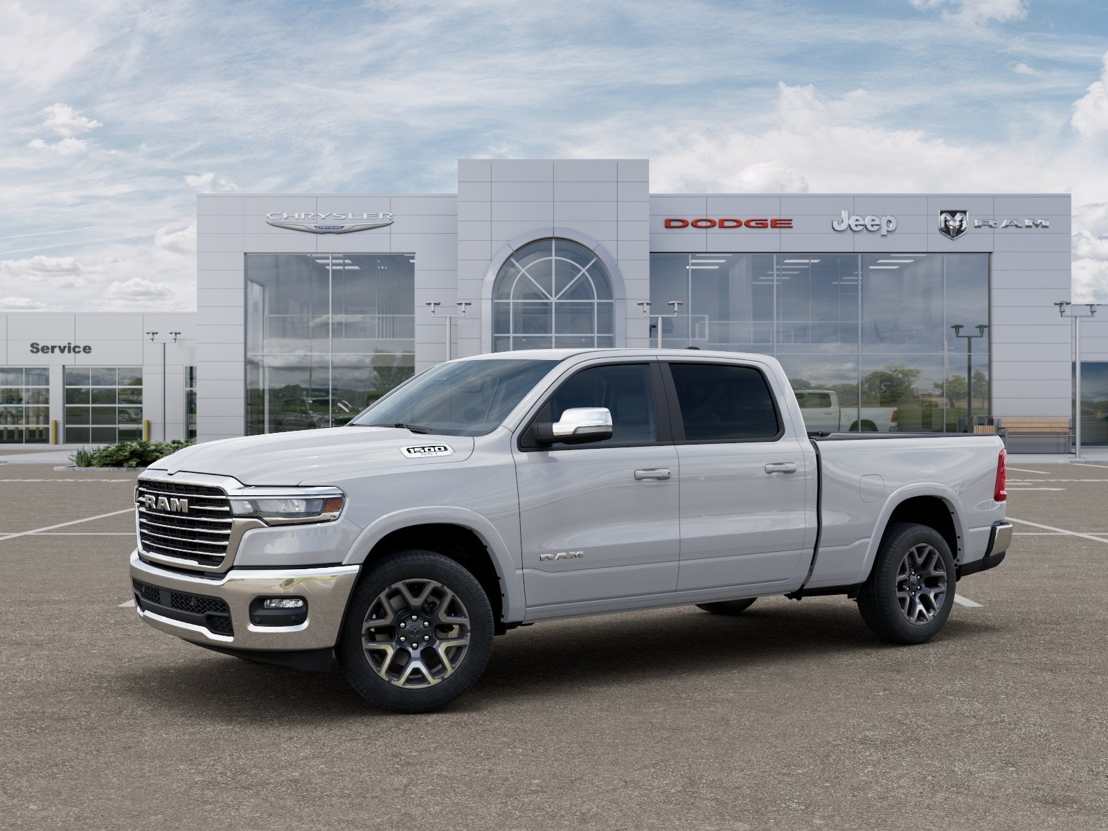 2025 RAM Ram 1500 RAM 1500 LARAMIE CREW CAB 4X4 6'4' BOX in Bright White Clear-Coat Exterior Paint — front three-quarter view